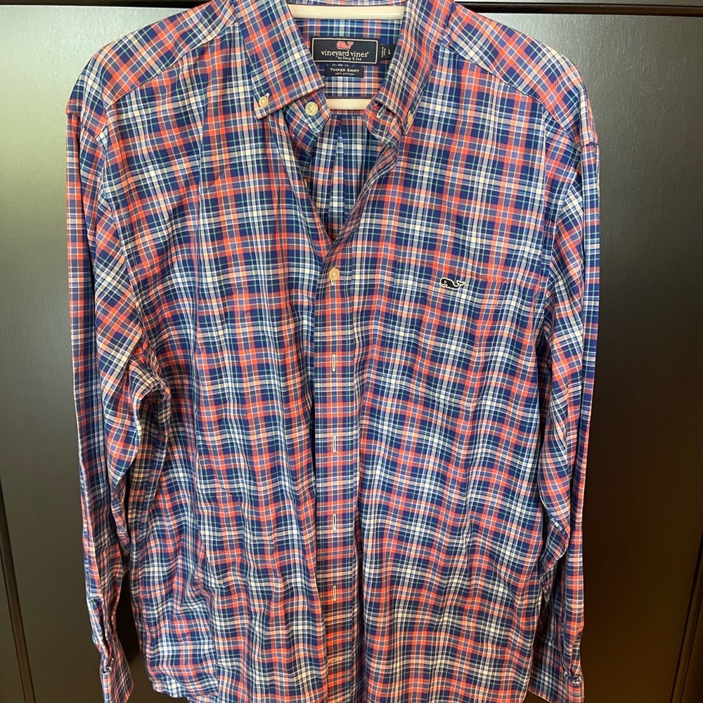 Men’s Vineyard Vines button down dress shirt, size Large, orange and blue plaid